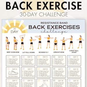 以下が含まれることがあります： 「BACK EXERCISE 30-DAY CHALLENGE」と題されたフィットネスチャート。ベントオーバーロー、ラットプルダウン、リバースフライ、アップライトロー、チェストプルアパートなどのエクササイズが含まれています。各日には、繰り返しの回数が記載されています。