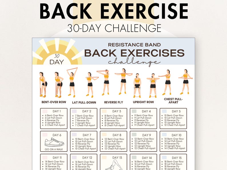 以下が含まれることがあります： 「BACK EXERCISE 30-DAY CHALLENGE」と題されたフィットネスチャート。ベントオーバーロー、ラットプルダウン、リバースフライ、アップライトロー、チェストプルアパートなどのエクササイズが含まれています。各日には、繰り返しの回数が記載されています。