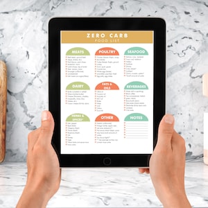 May include: A tablet displaying a "Zero Carb Food List" with categories like meats, poultry, seafood, dairy, fats & oils, beverages, herbs & spices, and other. The tablet is held by hands, with a wooden cutting board and utensils in the background.