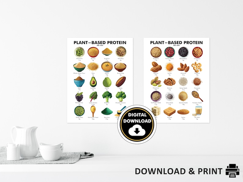 May include: Two colorful posters titled "Plant-Based Protein" with illustrations of various plant-based foods, including grains, fruits, and nuts. Each food item is labeled with its protein content. A digital download icon is in the center.
