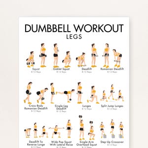 Op de afbeelding: Een witte poster met de tekst "DUMBBELL WORKOUT LEGS" bovenaan. Het toont geïllustreerde dumbbell-oefeningen voor de benen, zoals squats en deadlifts, met herhalingsaantallen. De illustraties tonen een persoon die elke oefening uitvoert.
