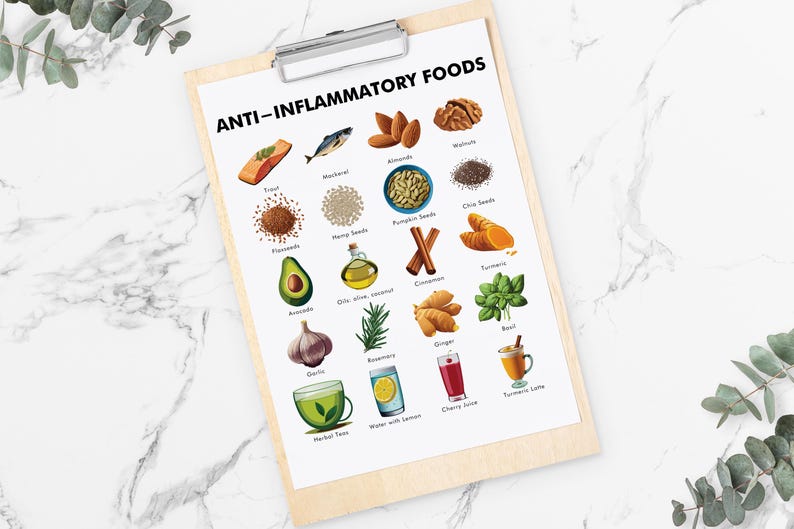 May include: A wooden clipboard displays a print titled "ANTI-INFLAMMATORY FOODS." The print features colorful illustrations of various foods, including fish, nuts, seeds, fruits, herbs, and drinks. The clipboard is on a white marble surface.