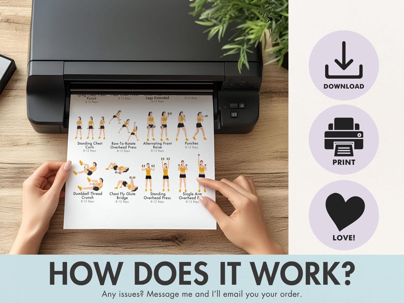 May include: A black printer printing a workout routine sheet with illustrated exercises. The sheet includes exercises like Standing Chest Curls, Dumbbell Thread Crunch, and Chest Fly Glute Bridge. The text "HOW DOES IT WORK?" is at the bottom.