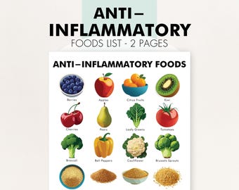Puede incluir: Un póster titulado "LISTA DE ALIMENTOS ANTIINFLAMATORIOS - 2 PÁGINAS" muestra ilustraciones de varias frutas y verduras. La imagen incluye arándanos, manzanas, cítricos, kiwi, cerezas, peras, verduras de hoja verde, tomates, brócoli, pimientos, coliflor y coles de Bruselas.