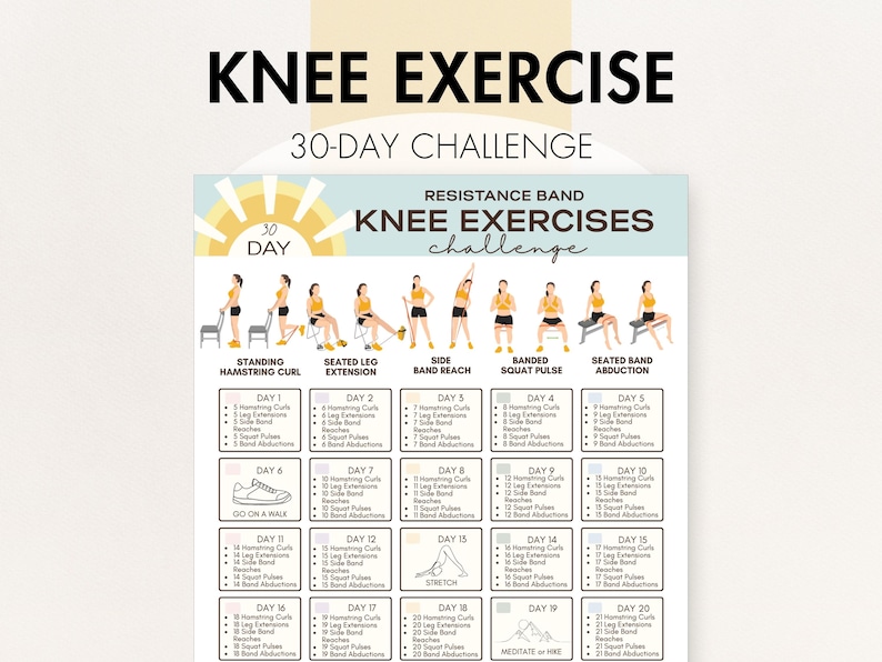Resistance Band Knee Exercises, Resistance Band Knee Strengthening Workout, Printable PDF, 30 Day Plan For At Home Training image 1
