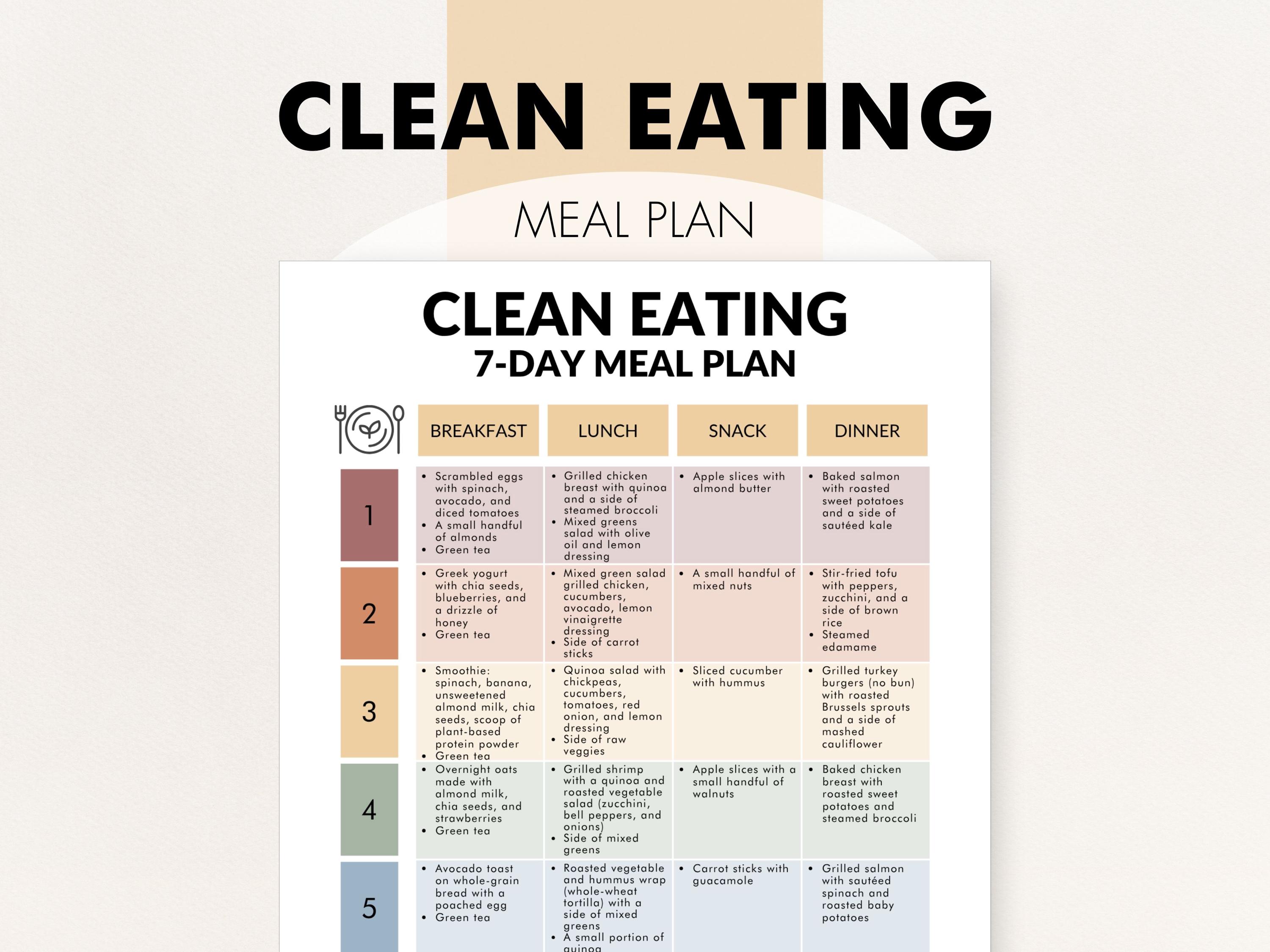 Clean Eating Meal Plan, 7-day Meal Plan for Clean Eating, Printable PDF ...