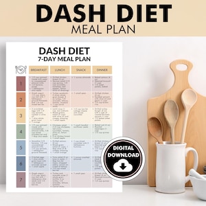 May include: A white printed DASH DIET 7-DAY MEAL PLAN chart with breakfast, lunch, snack, and dinner sections. A wooden cutting board, spoons, a white mug, and bowls are in the background. The words "DIGITAL DOWNLOAD" are on a round sticker.