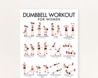 Rutina con mancuernas para mujeres, entrenamiento de cuerpo completo para mujeres, plan de entrenamiento de fuerza con instrucciones, PDF imprimible (8,5 x 11, 16 x 20, A4, A3)
