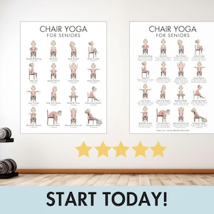 May include: Two framed posters with chair yoga poses for seniors. The posters feature illustrations of various exercises with instructions. The text "Chair Yoga for Seniors" is at the top of each poster. Dumbbells are on a black rack to the left.