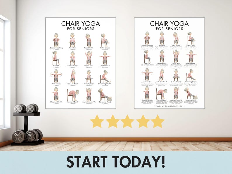 May include: Two framed posters with chair yoga poses for seniors. The posters feature illustrations of various exercises with instructions. The text "Chair Yoga for Seniors" is at the top of each poster. Dumbbells are on a black rack to the left.