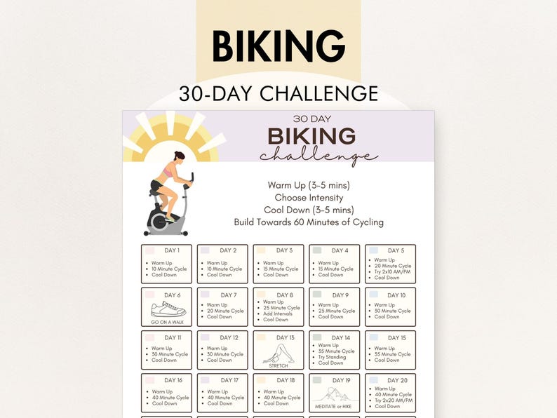Stationary Bike Routine, 30-Day Indoor Cycling Challenge, Printable PDF in 8.5x11 and A4 Sizes, Includes Instructions and Tips for Beginners image 1