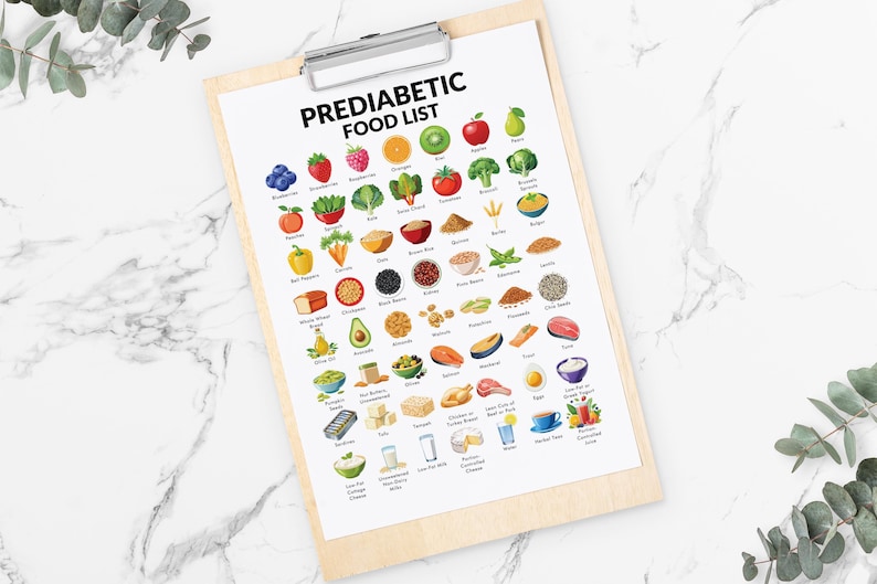 Może przedstawiać: Drukowana lista produkt&oacute;w spożywczych dla os&oacute;b z prediabetes. Lista zawiera r&oacute;żnorodne owoce, warzywa, zboża, rośliny strączkowe, orzechy, nasiona i źr&oacute;dła białka. Lista jest zorganizowana w formie siatki, a każdy produkt spożywczy jest zilustrowany kolorowym obrazkiem z kresk&oacute;wki.