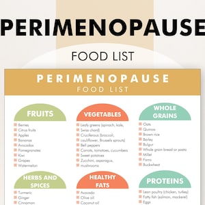Perimenopause Diet Food List, Perimenopause Friendly Diet List, Foods to Help Perimenopause Symptoms, PDF Chart Helps You Shop and Meal Plan