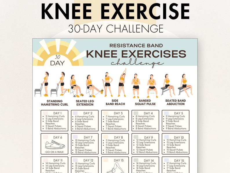 May include: A 30-day knee exercise challenge chart with illustrations of various resistance band exercises. The chart includes exercises like hamstring curls, leg extensions, and side band reaches. The text "KNEE EXERCISE" is at the top.