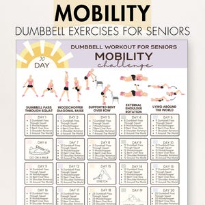 K&ouml;nnte beinhalten: Ein Trainingsplan mit dem Titel "Mobilit&auml;ts-Hantel&uuml;bungen f&uuml;r Senioren". Er zeigt einen 30-Tage-Hantel-Trainingsplan mit Illustrationen von &Uuml;bungen wie Kniebeugen mit Hantel und Woodchopper.