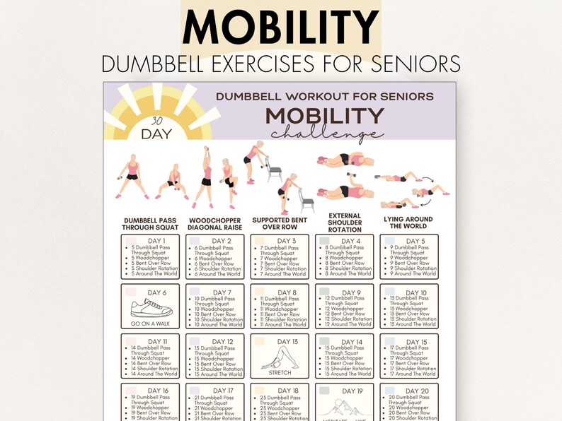 K&ouml;nnte beinhalten: Ein Trainingsplan mit dem Titel "Mobilit&auml;ts-Hantel&uuml;bungen f&uuml;r Senioren". Er zeigt einen 30-Tage-Hantel-Trainingsplan mit Illustrationen von &Uuml;bungen wie Kniebeugen mit Hantel und Woodchopper.