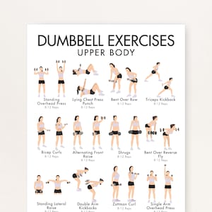 Op de afbeelding: Een witte poster met de tekst "DUMBBELL EXERCISES UPPER BODY". De poster toont illustraties van verschillende dumbbell oefeningen, waaronder Standing Overhead Press, Lying Chest Press Punch en Bent Over Row. Elke oefening is gelabeld met de naam en de aanbevolen herhalingen.