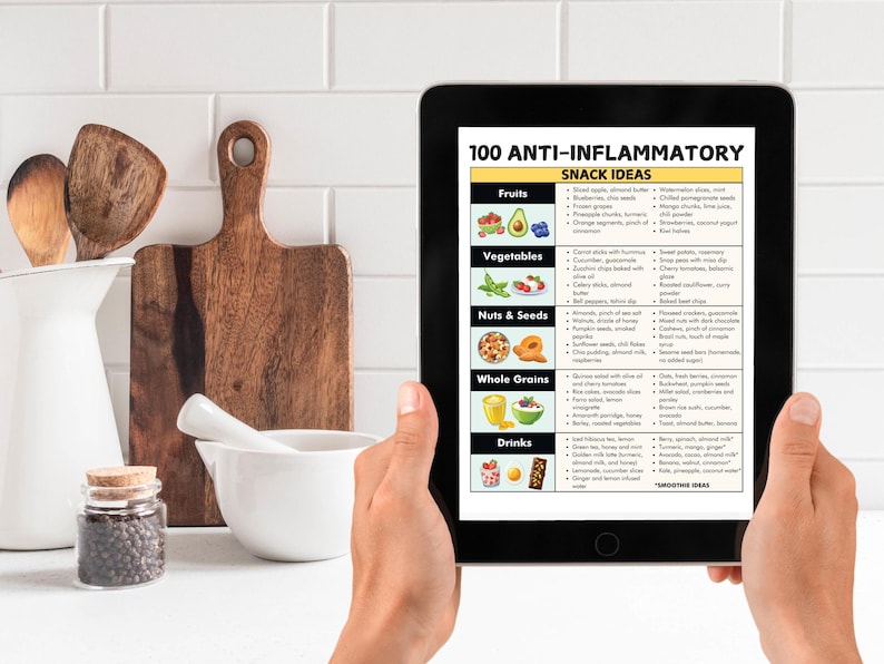 May include: A digital tablet displaying a list of 100 anti-inflammatory snack ideas, categorized by food groups: fruits, vegetables, nuts & seeds, whole grains, and drinks. The list includes specific examples of each food group, such as blueberries, zucchini, almonds, quinoa, and green tea.