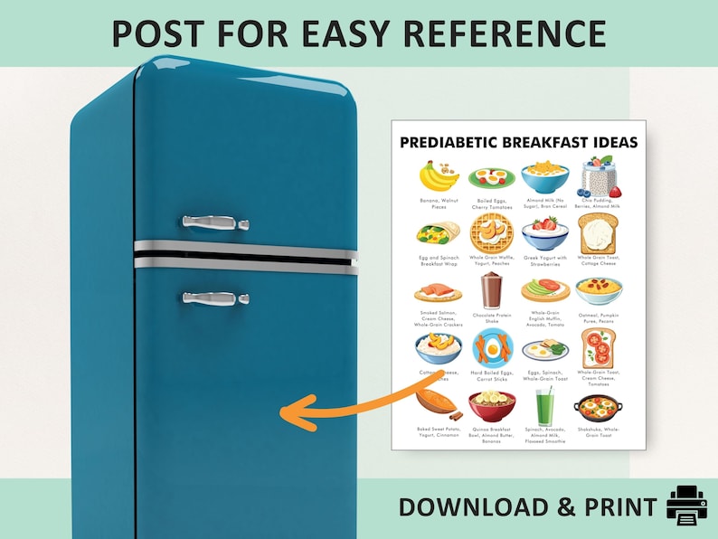 May include: A printable poster with a blue refrigerator on the left and a list of prediabetic breakfast ideas on the right. The poster has the text "PREDIABETIC BREAKFAST IDEAS" at the top and "DOWNLOAD & PRINT" at the bottom.