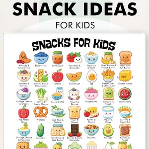 Healthy Snacks for Kids Poster, Quick Snacks for Kids, PDF, Fun and Easy School Snack Ideas, Printable, Two Ingredients or Less!