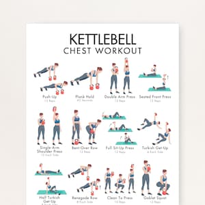 Kettlebell Chest Workout (PDF), Kettlebell Chest Exercises Routine, Printable Plan, Download in Four Sizes: 8.5x11, 16x20, A4, A3