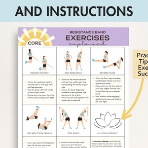 May include: A white and purple infographic titled "Resistance Band Exercises Explained" with illustrations of core exercises. The text includes exercise instructions and tips for exercise success.