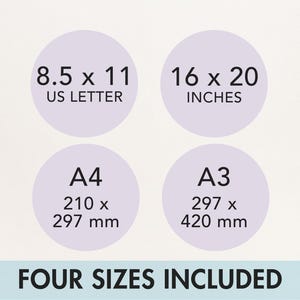 May include: Image showing four circles with size information. The sizes include 8.5 x 11 US Letter, 16 x 20 inches, A4 (210 x 297 mm), and A3 (297 x 420 mm). The text "FOUR SIZES INCLUDED" is at the bottom.