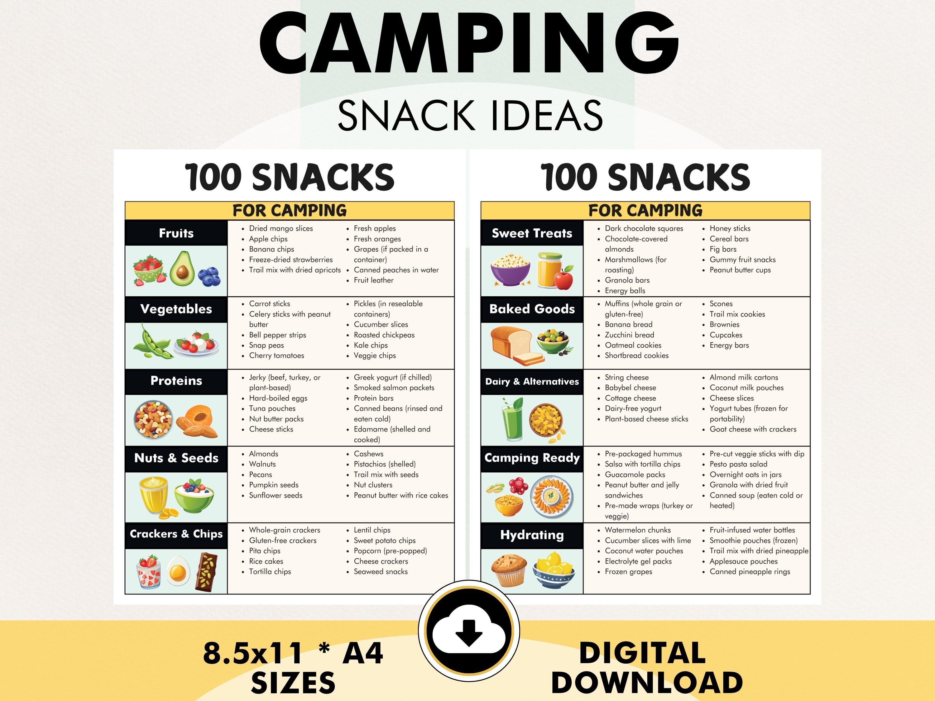 Camping Snacks List, Snacks for Camping, 100 Camping Food Ideas, Print Yourself - Camping Meals Ideas - Healthy Snack Recipes