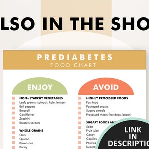 May include: A green and orange chart titled "Prediabetes Food Chart" with the words "Enjoy" and "Avoid" in large, bold letters. The chart lists foods to enjoy and avoid for people with prediabetes.
