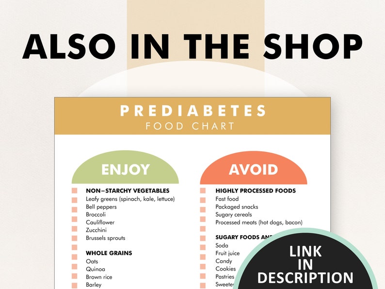 May include: A green and orange chart titled "Prediabetes Food Chart" with the words "Enjoy" and "Avoid" in large, bold letters. The chart lists foods to enjoy and avoid for people with prediabetes.