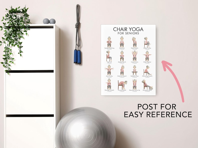 May include: A poster titled "Chair Yoga for Seniors" displays illustrated yoga poses. The poster is mounted on a light pink wall, with a white cabinet, exercise ball, and jump rope in the background. The text "Post for Easy Reference" is also visible.