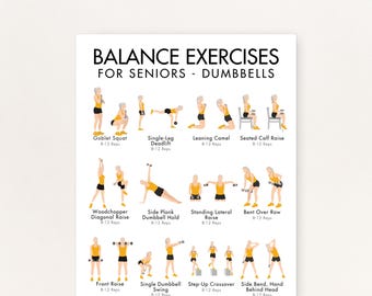 May include: A white poster with the text "BALANCE EXERCISES FOR SENIORS - DUMBBELLS" and illustrations of various dumbbell exercises, including Goblet Squat, Single-Leg Deadlift, and Bent Over Row. Each exercise is labeled with its name and rep range.