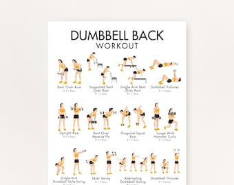 May include: A white poster with the text "DUMBBELL BACK WORKOUT" and illustrations of various dumbbell exercises. The exercises include Bent Over Row, Single-Arm Bent Over Row, and Dumbbell Thruster. Each exercise is labeled with the name and recommended repetitions.