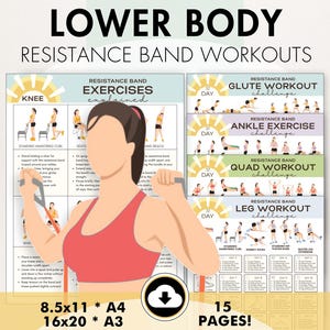 以下が含まれることがあります： 「LOWER BODY RESISTANCE BAND WORKOUTS」の文字とエクササイズのイラストが描かれたフィットネス用ポスター。「Resistance Band Exercises Explained」と、お尻、足首、四頭筋、脚の「30日チャレンジ」が含まれています。サイズは21.6 x 27.9 cm、A4、40.6 x 50.8 cm、A3で利用可能です。
