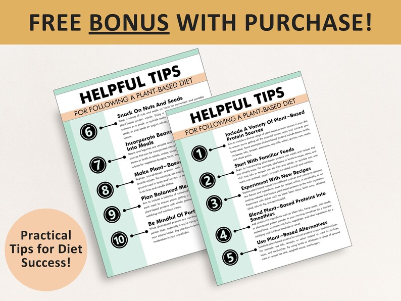 Puede incluir: Dos hojas informativas con el t&iacute;tulo "Consejos &uacute;tiles para seguir una dieta basada en plantas". Las hojas enumeran consejos como la incorporaci&oacute;n de frijoles en las comidas y el uso de alternativas a base de plantas. El texto "Free Bonus With Purchase!" est&aacute; en la parte superior.