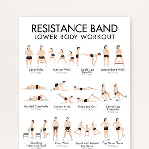 Può includere: Un poster bianco con la scritta "RESISTANCE BAND LOWER BODY WORKOUT". Mostra illustrazioni di esercizi come Squat Pulse e Monster Walk, con istruzioni per 8-12 ripetizioni. Ideale per allenamenti per la parte inferiore del corpo.