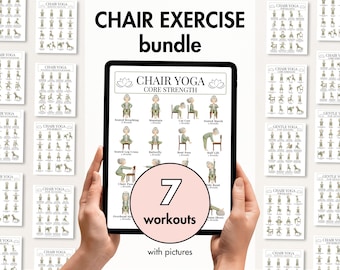 May include: A digital tablet displays a "Chair Yoga" workout guide with illustrations of exercises. The tablet is surrounded by smaller printouts of similar guides. The text "Chair Exercise Bundle" and "7 Workouts" are also visible.