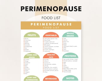 Perimenopause Diet Food List, Perimenopause Friendly Diet List, Foods to Help Perimenopause Symptoms, PDF Chart Helps You Shop and Meal Plan