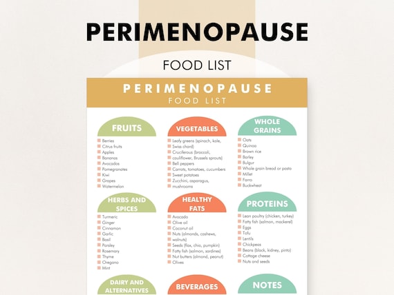 Perimenopause Diet Food List, Perimenopause Friendly Diet List, Foods to Help Perimenopause Symptoms, PDF Chart Helps You Shop and Meal Plan