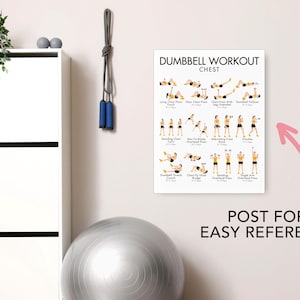 May include: A white poster with the text "Dumbbell Workout Chest" and illustrations of various exercises. The poster is hanging on a wall. A jump rope with blue handles hangs nearby. A white cabinet and exercise ball are also visible.