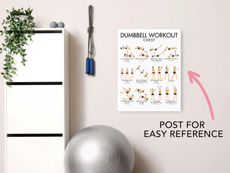 May include: A white poster with the text "Dumbbell Workout Chest" and illustrations of various exercises. The poster is hanging on a wall. A jump rope with blue handles hangs nearby. A white cabinet and exercise ball are also visible.