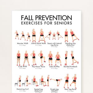 May include: A white poster with the text "FALL PREVENTION EXERCISES FOR SENIORS" at the top. The poster displays illustrations of various exercises, including Monster Walk, Crab Walk, and Rear Leg Raise, with repetitions noted.