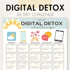 May include: A colorful infographic titled "DIGITAL DETOX 30 DAY CHALLENGE". It features icons of a sun, phone, cloud, speech bubbles, and tablet. The challenge includes daily tasks for mindful use and tech-free zones.