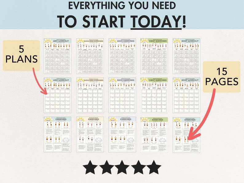 May include: A fitness guide with 15 pages of exercise plans. The guide includes 5 plans for arm, shoulder, back, chest, and bicep workouts. The text "EVERYTHING YOU NEED TO START TODAY!" is at the top.
