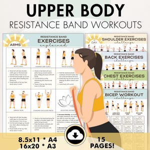 May include: A fitness poster with the text "UPPER BODY RESISTANCE BAND WORKOUTS." It features exercise diagrams for arms, shoulders, back, chest, and biceps. The poster is available in 8.5x11, 16x20, A4, and A3 sizes.
