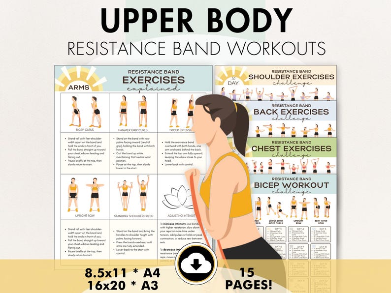 May include: A fitness poster with the text "UPPER BODY RESISTANCE BAND WORKOUTS." It features exercise diagrams for arms, shoulders, back, chest, and biceps. The poster is available in 8.5x11, 16x20, A4, and A3 sizes.