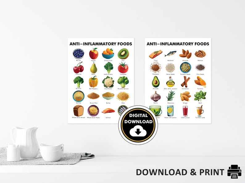 May include: Two colorful posters titled "Anti-Inflammatory Foods" display illustrations of various fruits, vegetables, nuts, and other foods. A digital download icon is in the center. The words "Download & Print" are at the bottom.