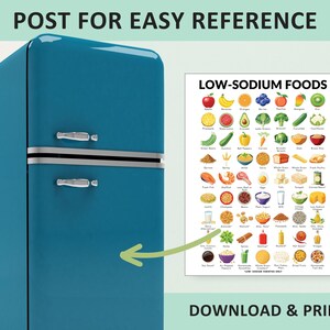 K&ouml;nnte beinhalten: Ein blauer K&uuml;hlschrank mit einer wei&szlig;en T&uuml;r und einem wei&szlig;en Griff. An der K&uuml;hlschrankt&uuml;r ist ein Poster mit dem Text "LOW-SODIUM FOODS" angebracht. Das Poster zeigt ein Raster mit bunten Illustrationen von natriumarmen Lebensmitteln.