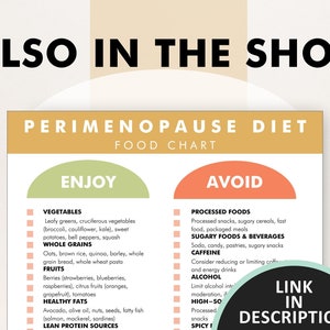 Puede incluir: Un gr&aacute;fico verde y naranja titulado "Dieta de Perimenopausia - Gu&iacute;a de alimentos" con dos secciones: "Disfrutar" y "Evitar". La secci&oacute;n "Disfrutar" enumera los alimentos para comer, incluyendo verduras, cereales integrales, frutas, grasas saludables y fuentes de prote&iacute;nas magras. La secci&oacute;n "Evitar" enumera los alimentos para evitar, incluyendo alimentos procesados, alimentos azucarados y bebidas azucaradas, cafe&iacute;na, alcohol y alimentos ricos en sodio.