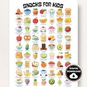 Healthy Snacks for Kids Poster, Quick Snacks for Kids, PDF, Fun and Easy School Snack Ideas, Printable, Two Ingredients or Less!